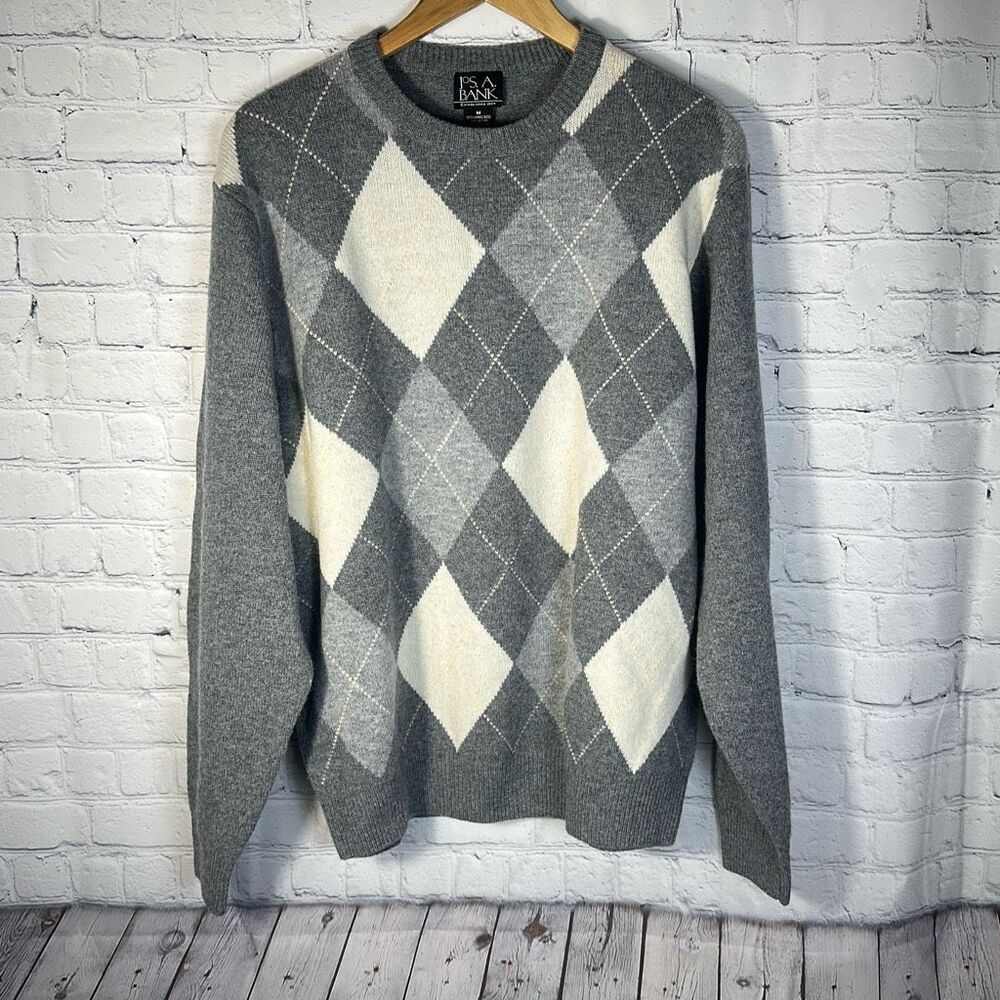 Jos A. Banks  Mens Lambswool Blend Gray Argyle Sweater‎ size M Medium
